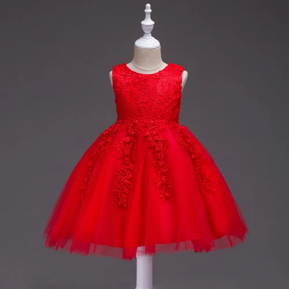 Girls Elegant Lace Mesh Party Princess Dress Solid Color