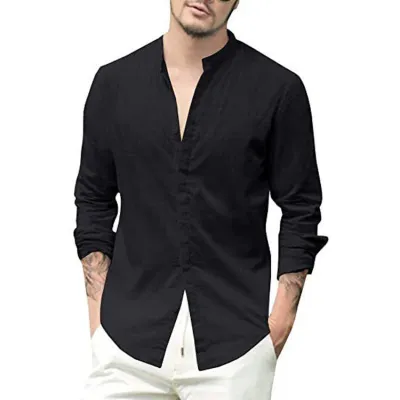 Men Casual Solid Color Linen Long Sleeve Cardigan Shirt
