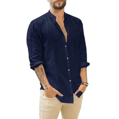 Men Casual Solid Color Linen Long Sleeve Cardigan Shirt