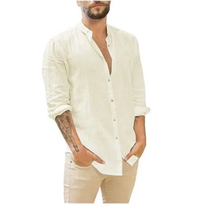Men Casual Solid Color Linen Long Sleeve Cardigan Shirt