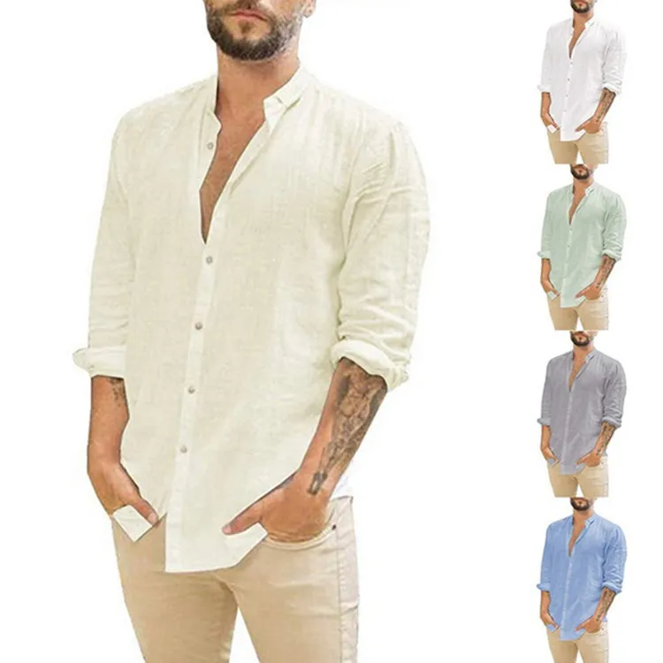 Men Casual Solid Color Linen Long Sleeve Cardigan Shirt