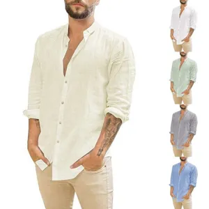 Men Casual Solid Color Linen Long Sleeve Cardigan Shirt