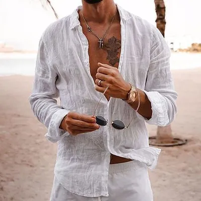 Men Casual Loose Single-Breasted Lapel Cotton Linen Long-Sleeve Shirt