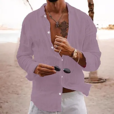 Men Casual Loose Single-Breasted Lapel Cotton Linen Long-Sleeve Shirt