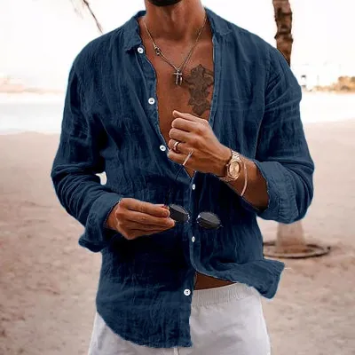 Men Casual Loose Single-Breasted Lapel Cotton Linen Long-Sleeve Shirt