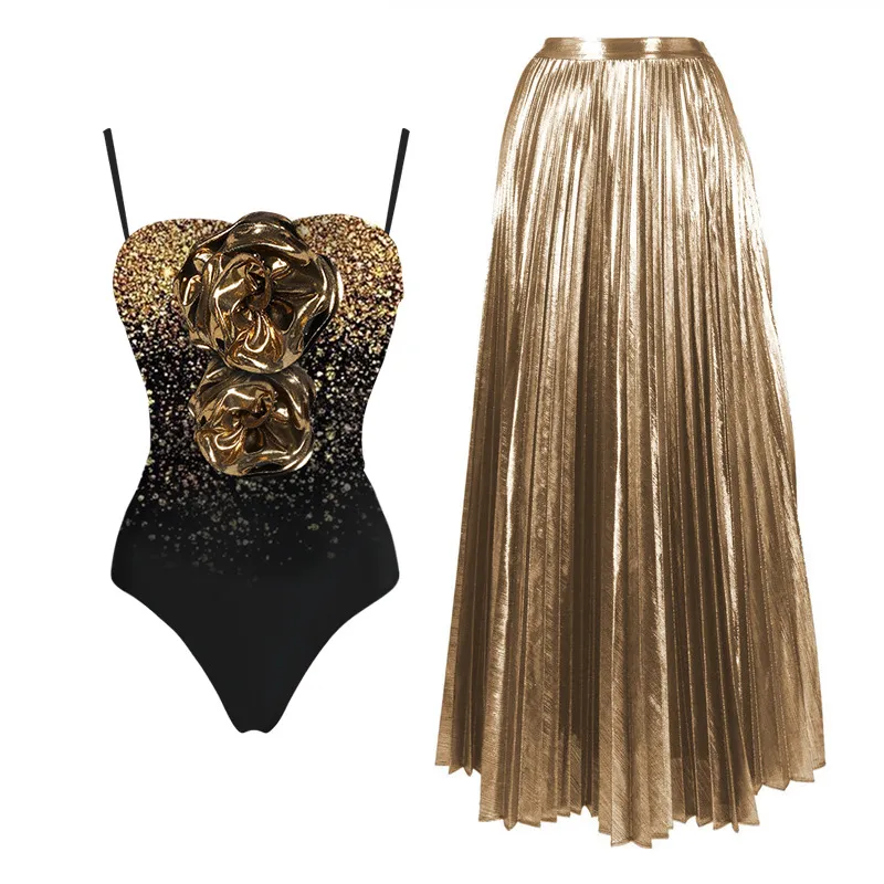 Summer Women Fashion Sexy Three-Dimensional Floral Sequins One-Piece Swimsuit Skirt Cover-Ups Set