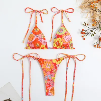 Women Sexy Floral Print Lace-Up Bikini Swimsuit Set
