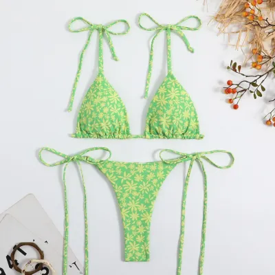 Women Sexy Floral Print Lace-Up Bikini Swimsuit Set