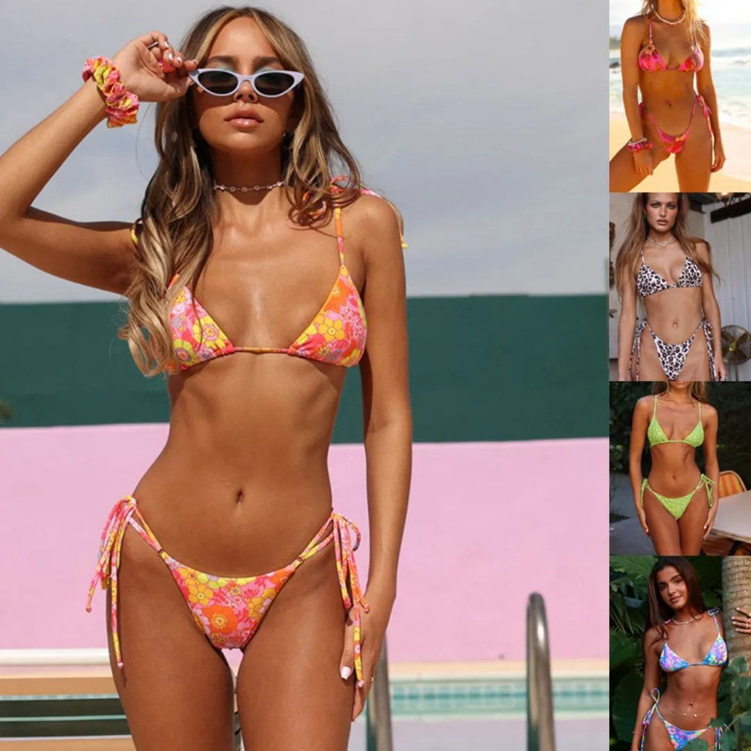 Women Sexy Floral Print Lace-Up Bikini Swimsuit Set