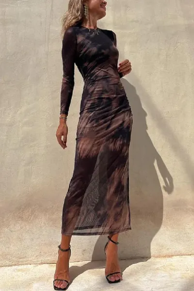 Women Tie-Dye Print Long Sleeve Split Dress