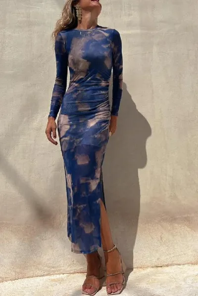 Women Tie-Dye Print Long Sleeve Split Dress