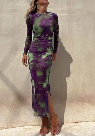 Women Tie-Dye Print Long Sleeve Split Dress