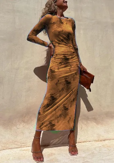 Women Tie-Dye Print Long Sleeve Split Dress