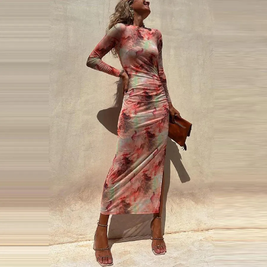 Women Tie-Dye Print Long Sleeve Split Dress
