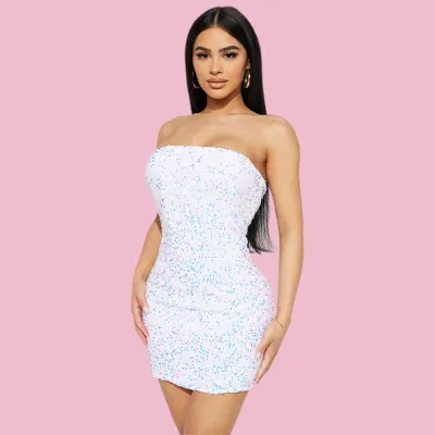 Women Nightclub Fashion Sexy Sequins Strapless Sleeveless Mini Dress