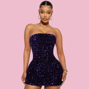 Women Nightclub Fashion Sexy Sequins Strapless Sleeveless Mini Dress