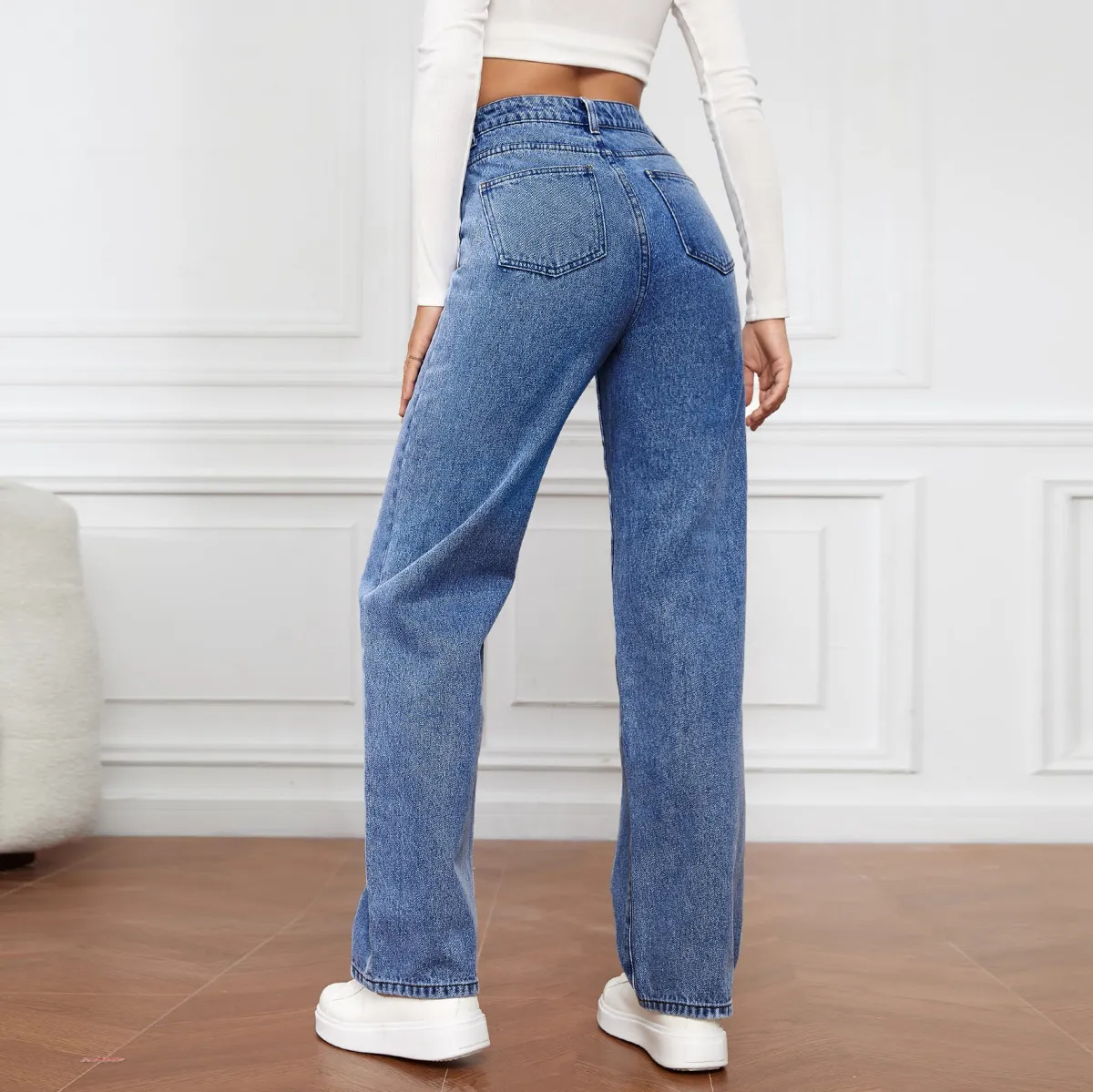Women High Waist Straight Cropped Jeans