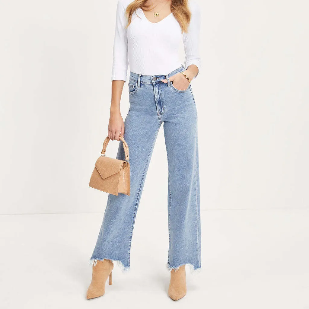 Summer Women Fashion Irregular Tassel Wide Leg Straight Jeans