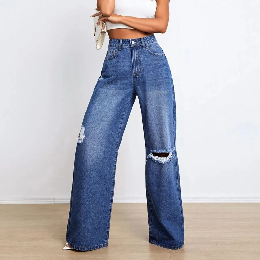 Women's High Waist Ripped Loose Wide Leg Denim Jeans