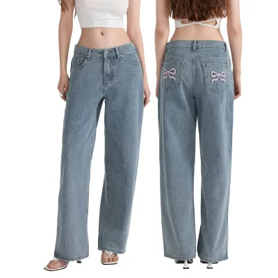Women's Straight Jeans with Bow Embroidery - Low Waist Urban Style