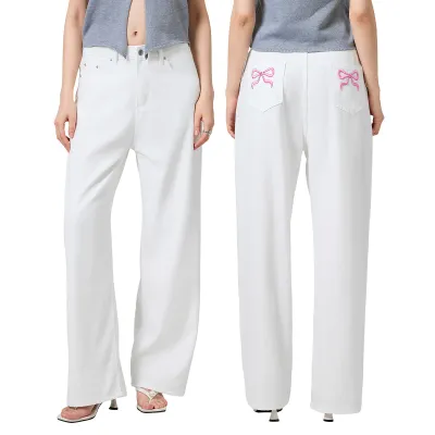 Women's Straight Jeans with Bow Embroidery - Low Waist Urban Style