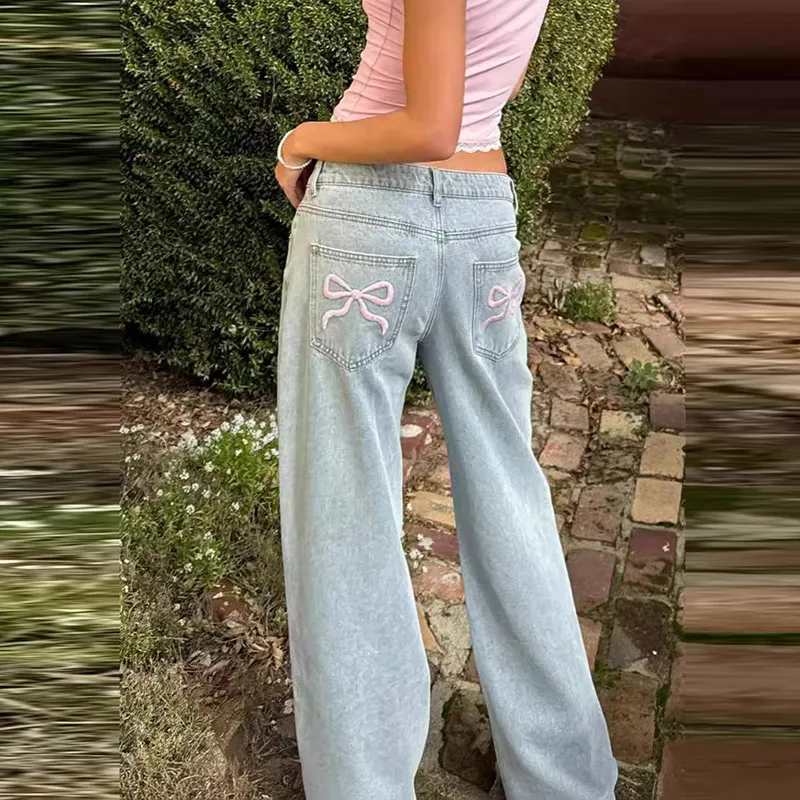 Women's Straight Jeans with Bow Embroidery - Low Waist Urban Style
