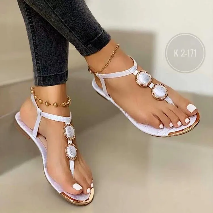 Summer Women Casual Plus Size Beaded Round Toe Flat Thong Sandals