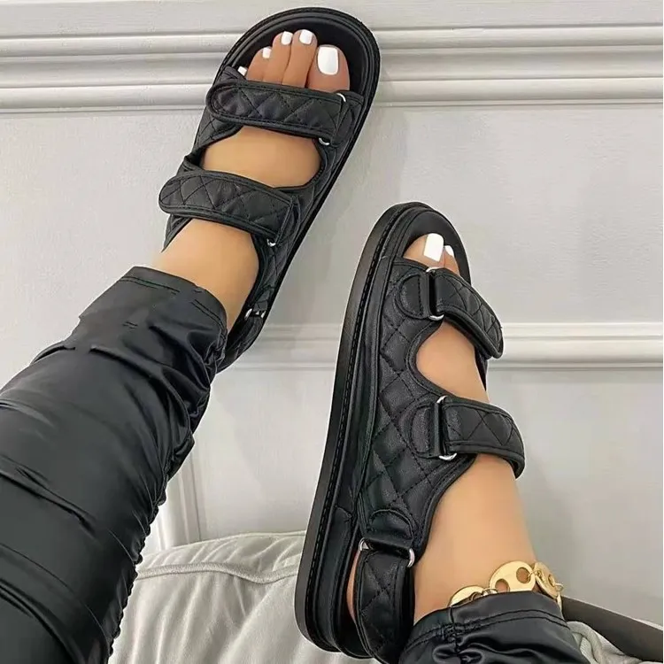 Summer Women Casual Plus Size Solid Color Velcro Peep Toe Flat Sandals
