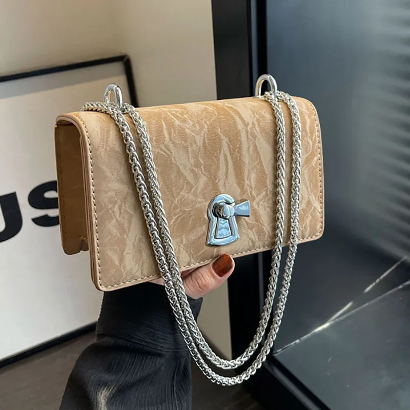Women Fashion Solid Color Square Flap Lock Chain Shoulder Crossbody Bag
