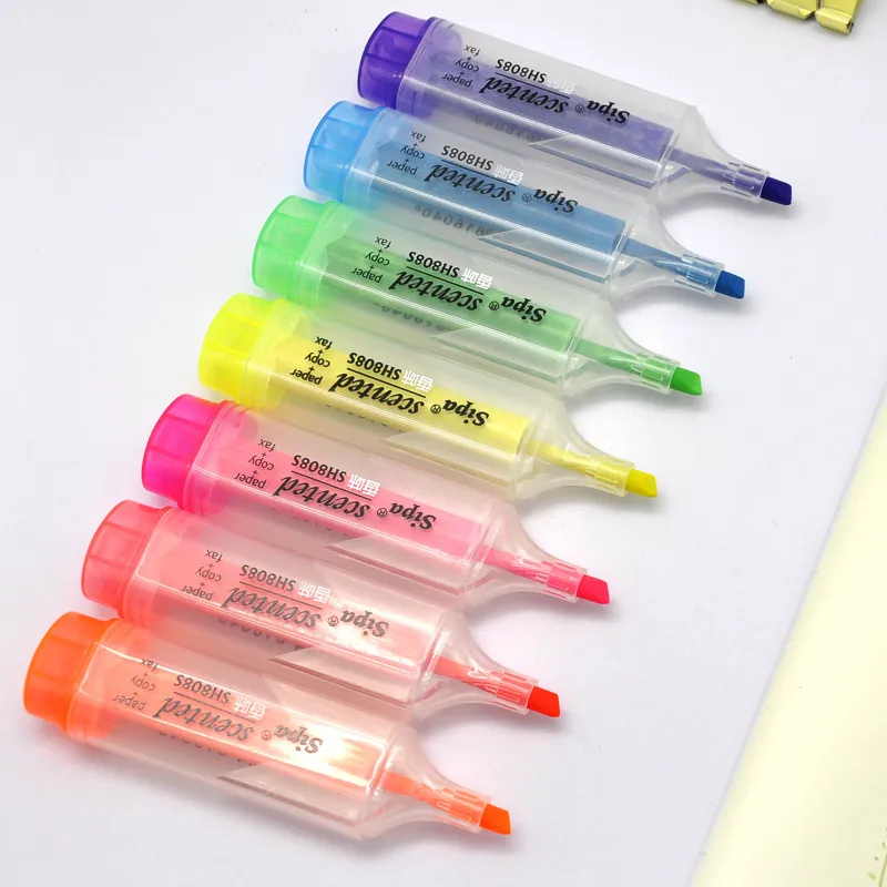 Fruit Scented 7-Color Marker Pen Highlighter Plastic Oblique Head