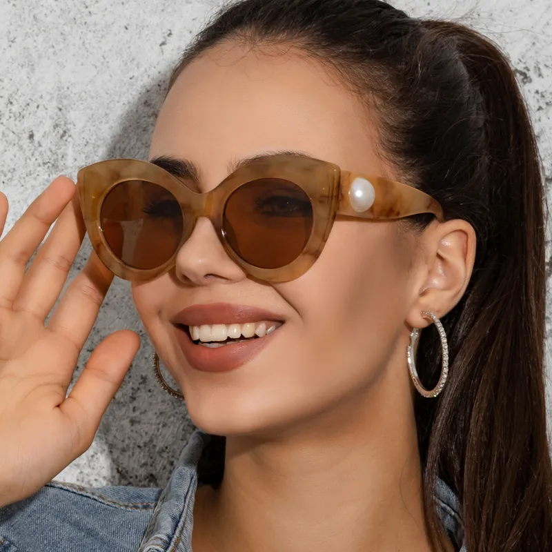 Women Cat Eye Large Frame Candy Color Pearl Sunglasses