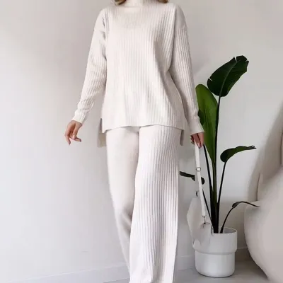 Autumn Winter Women Solid Color Knitted Turtleneck Sweater Wide Leg Pants Two-Piece Set