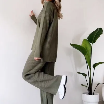 Autumn Winter Women Solid Color Knitted Turtleneck Sweater Wide Leg Pants Two-Piece Set