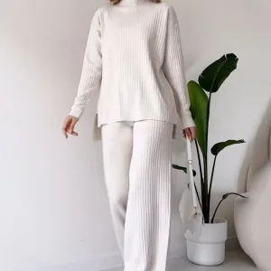Autumn Winter Women Solid Color Knitted Turtleneck Sweater Wide Leg Pants Two-Piece Set