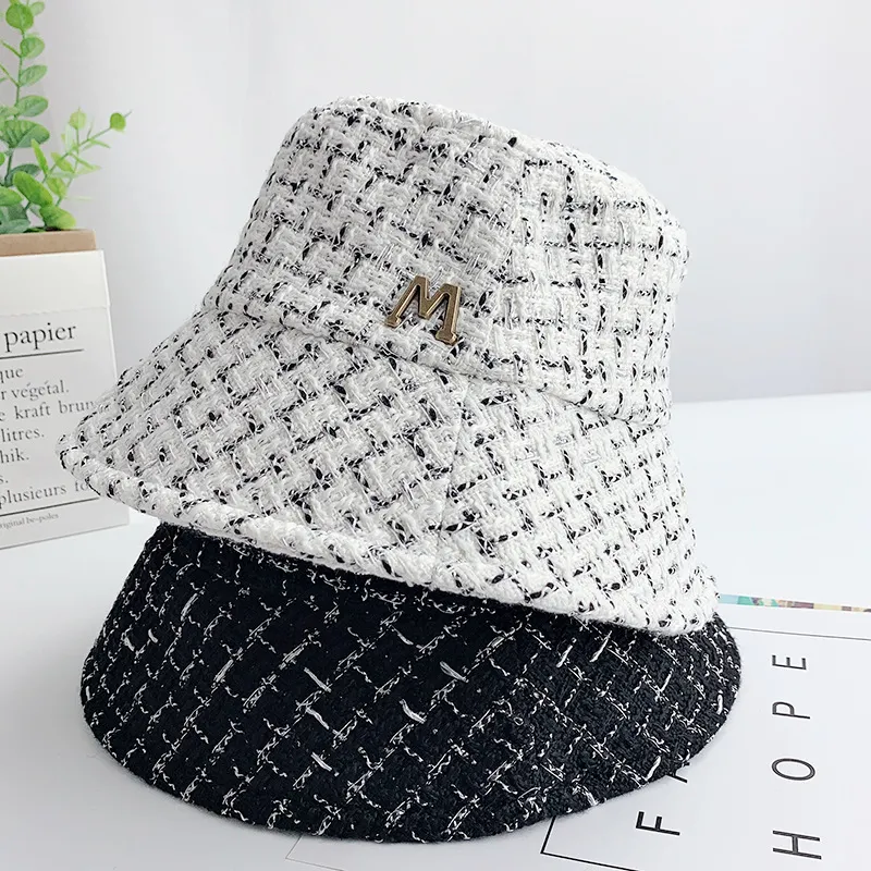 Women Fashion M-Grid Sunshade Bucket Hats Flat Top