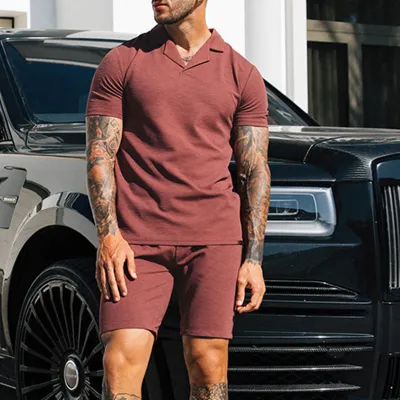Men Fashion Casual Basic Solid Color Short Sleeve Lapel POLO Shirt Shorts Set