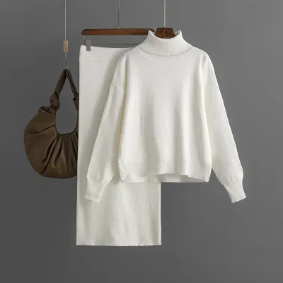 Autumn Winter Women Casual Solid Color Knitted Turtleneck Sweater Skirt Two-Piece Set