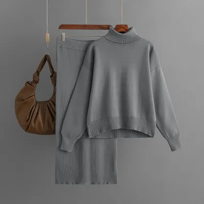 Autumn Winter Women Casual Solid Color Knitted Turtleneck Sweater Skirt Two-Piece Set