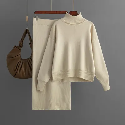 Autumn Winter Women Casual Solid Color Knitted Turtleneck Sweater Skirt Two-Piece Set