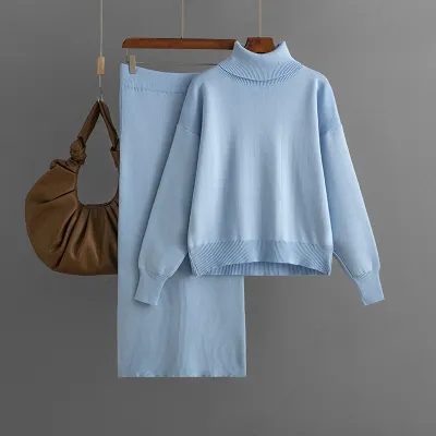 Autumn Winter Women Casual Solid Color Knitted Turtleneck Sweater Skirt Two-Piece Set