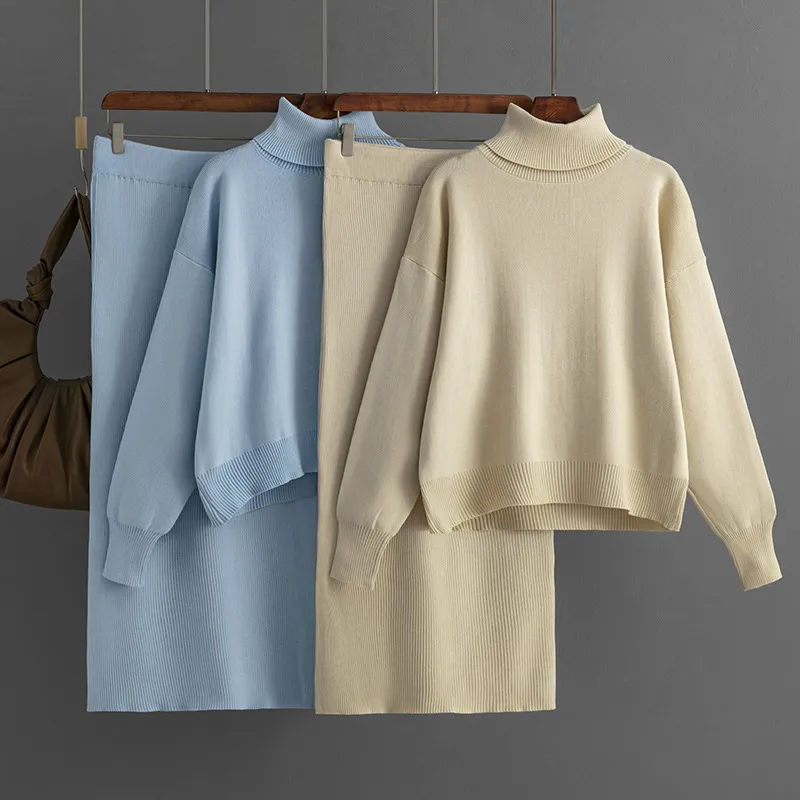 Autumn Winter Women Casual Solid Color Knitted Turtleneck Sweater Skirt Two-Piece Set