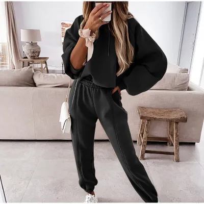 Athleisure Autumn Winter Women Fashionable Loose Solid Color Drawstring Long Sleeve Hooded Jogger Pants Set