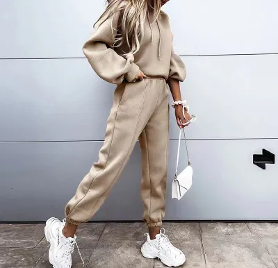 Athleisure Autumn Winter Women Fashionable Loose Solid Color Drawstring Long Sleeve Hooded Jogger Pants Set