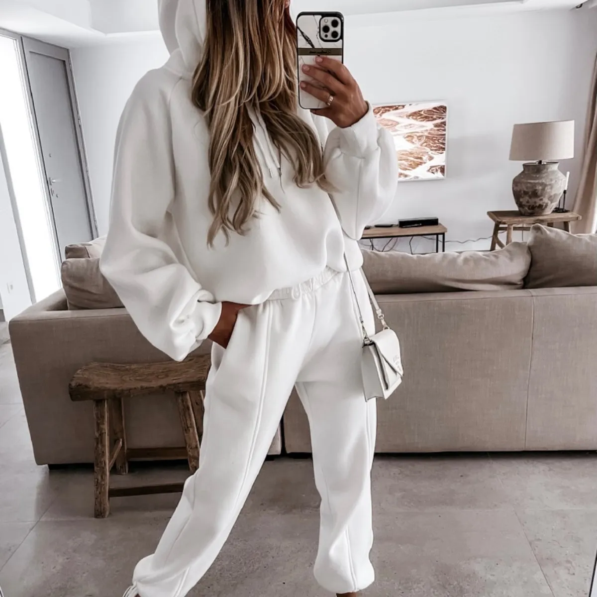 Athleisure Autumn Winter Women Fashionable Loose Solid Color Drawstring Long Sleeve Hooded Jogger Pants Set