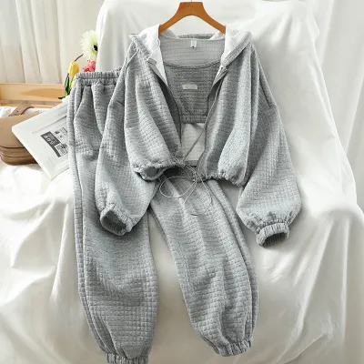 Women's Hooded Jacket and Jogger Pants Set - Solid Color, Loose Fit, Waffle Material, Commuter Wind Style