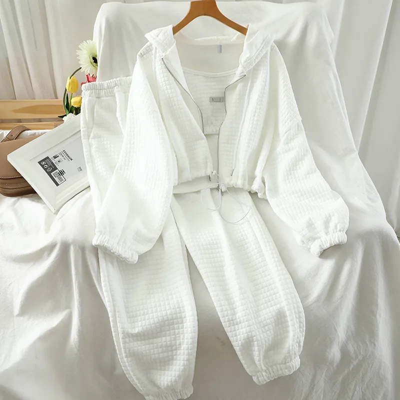 Women's Hooded Jacket and Jogger Pants Set - Solid Color, Loose Fit, Waffle Material, Commuter Wind Style