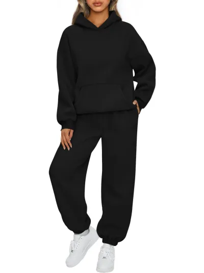 Athleisure Autumn Winter Women Loose Solid Color Long Sleeve Hooded Sweater Jogger Pants Two-Piece Set
