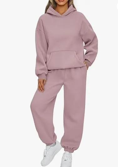 Athleisure Autumn Winter Women Loose Solid Color Long Sleeve Hooded Sweater Jogger Pants Two-Piece Set