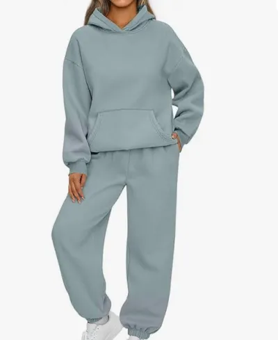 Athleisure Autumn Winter Women Loose Solid Color Long Sleeve Hooded Sweater Jogger Pants Two-Piece Set