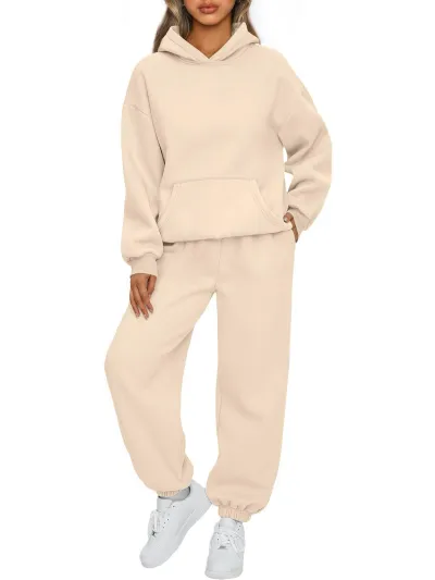 Athleisure Autumn Winter Women Loose Solid Color Long Sleeve Hooded Sweater Jogger Pants Two-Piece Set